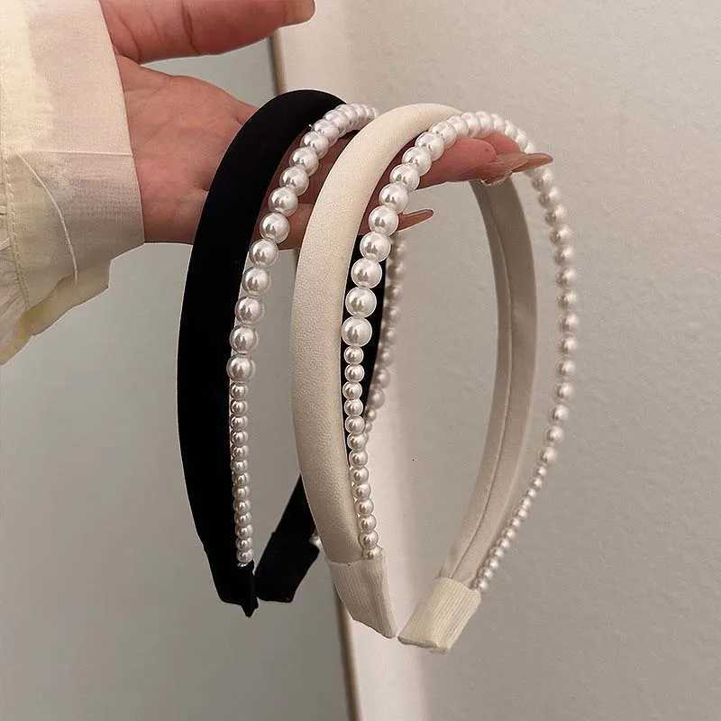 2025 New Narrow Satin Pearl Double-Layer Band for Women Retro Elegant Black White Pearl Hair Hoop Wedding Hair Accessories Y250808