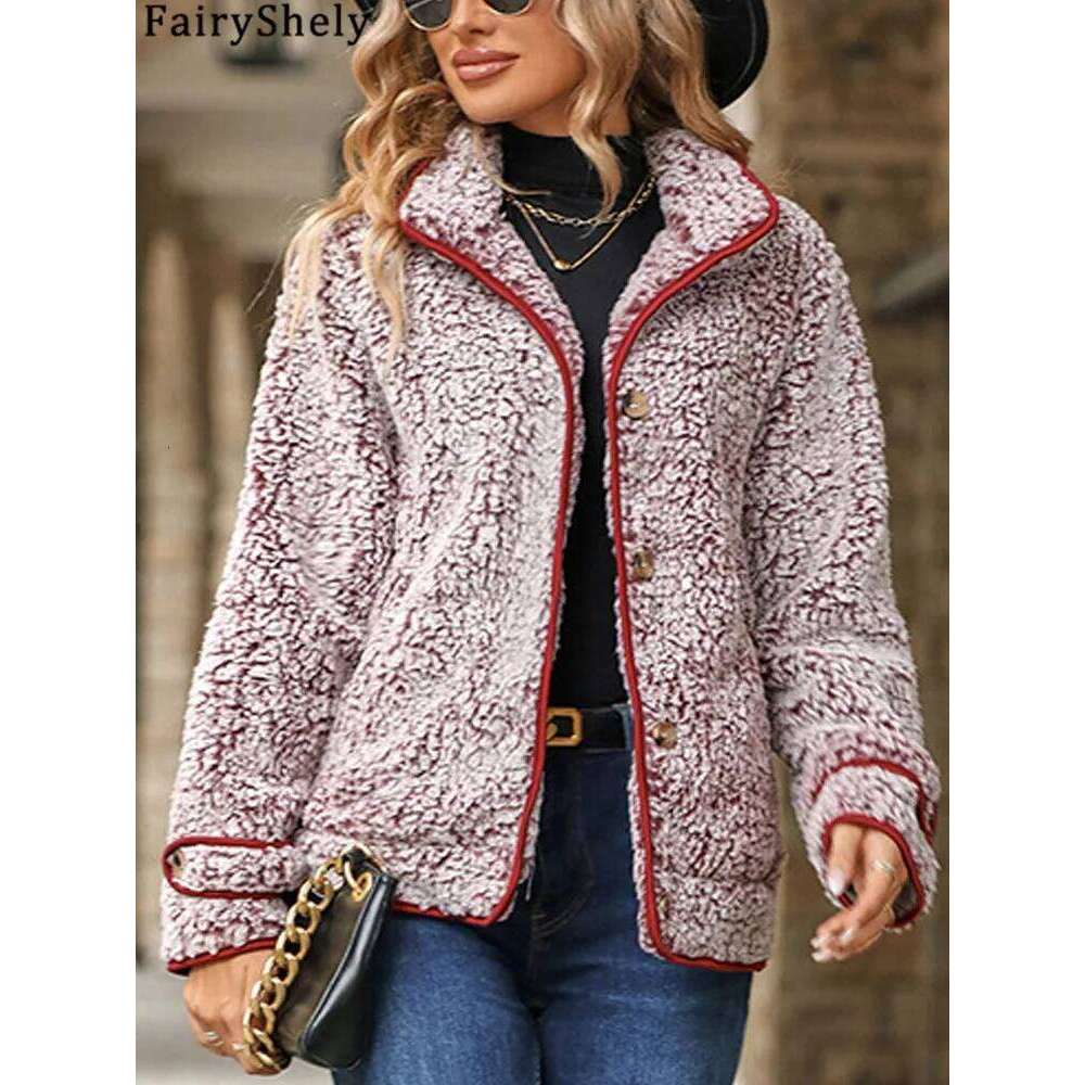 FairyShely Autumn Winter Women Pocket Jacket Thick Plush Warm Long Sleeve Ladies Single Breasted Turn Down Collar Coat