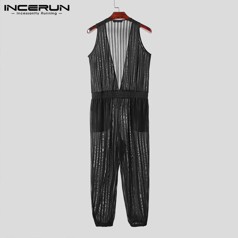INCERUN 2024 American Style Jumpsuits Mens Striped Perspective n Rompers Stylish Streetwear Deep V S5XL 250804
