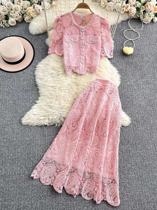 Elegant Pearl Long Dress Suits Women 2 Piece Sets Summer Short Sleeve Flower Embroidery Lace Shirt A Line Midi Skirt Sets 250728