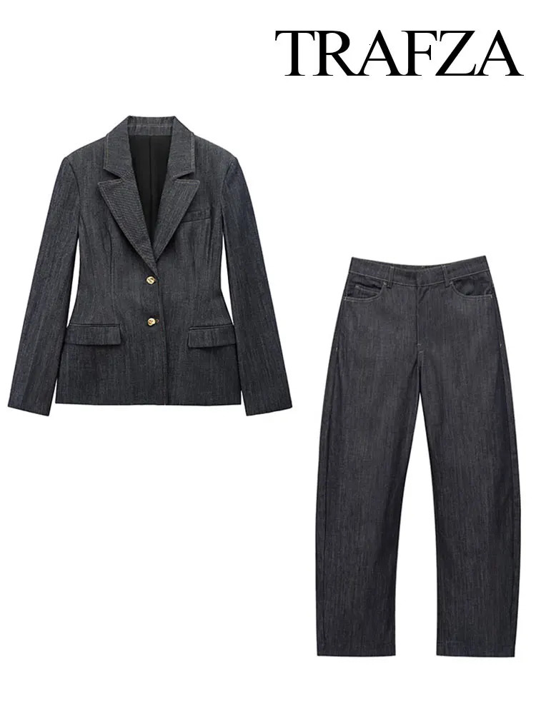 TRAFZA 2025 Spring Denim Blazer Trouser Set For Women Turn-down Collar Slim Coat Top Chic Vintage Female Wide Leg Jeans 250728