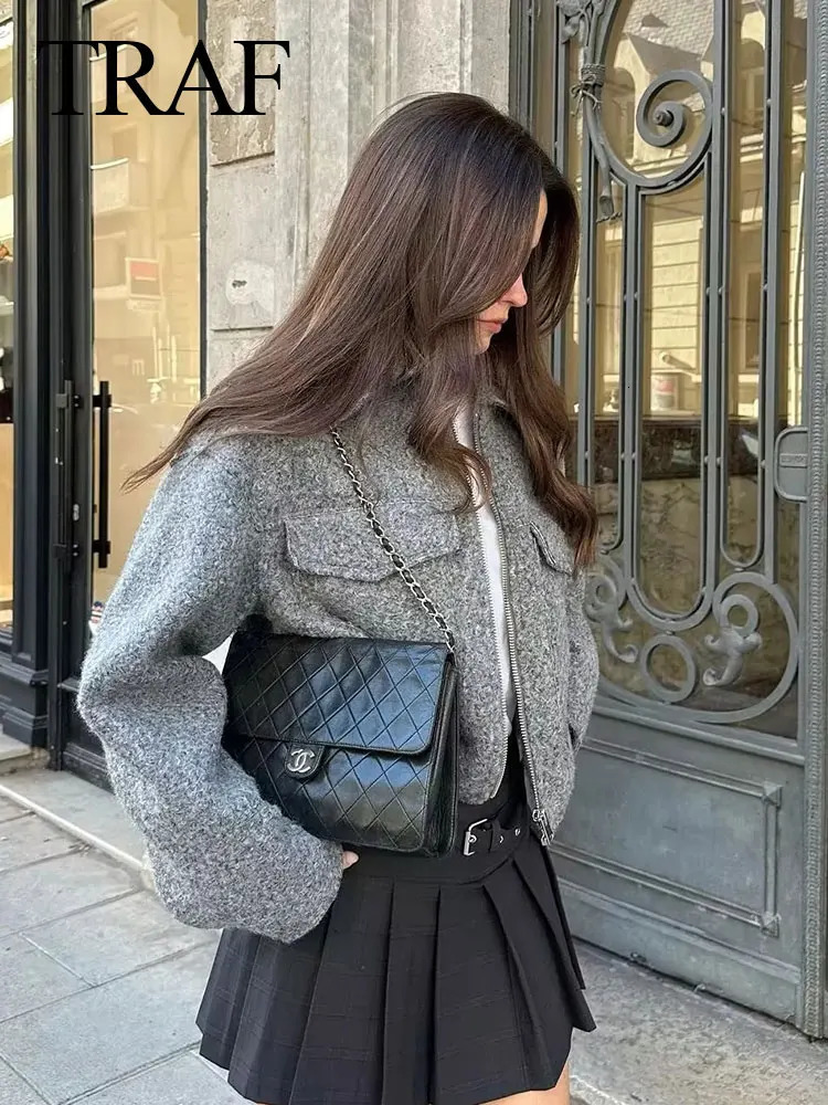 TRAFZA Womens Cropped Jacket Vintage Grey Outerwear Long Sleeve With Pocket Zipper Faux Fur Coat Fashion Womens Clothing 250806