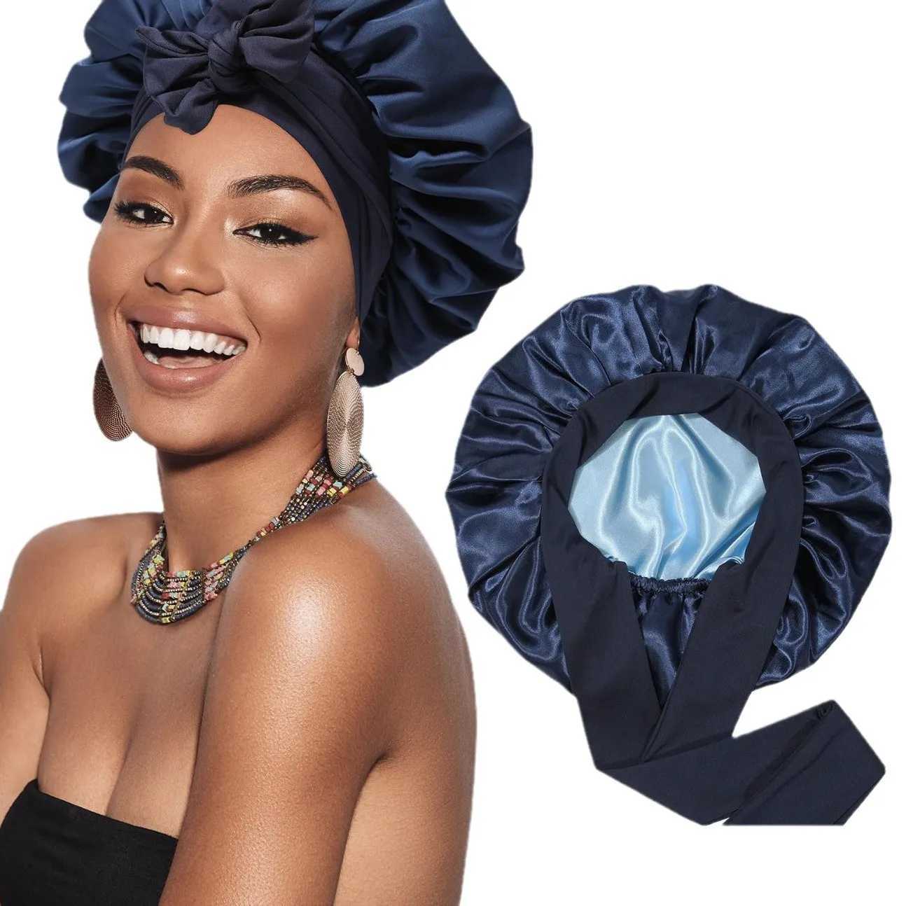 New Satin Double Layer Bonnet Solid Wide Tie Band Stretch Head Silky Bonnet Edge Wrap Nightcap Hair Care Shower Bonnet for Women Z250808