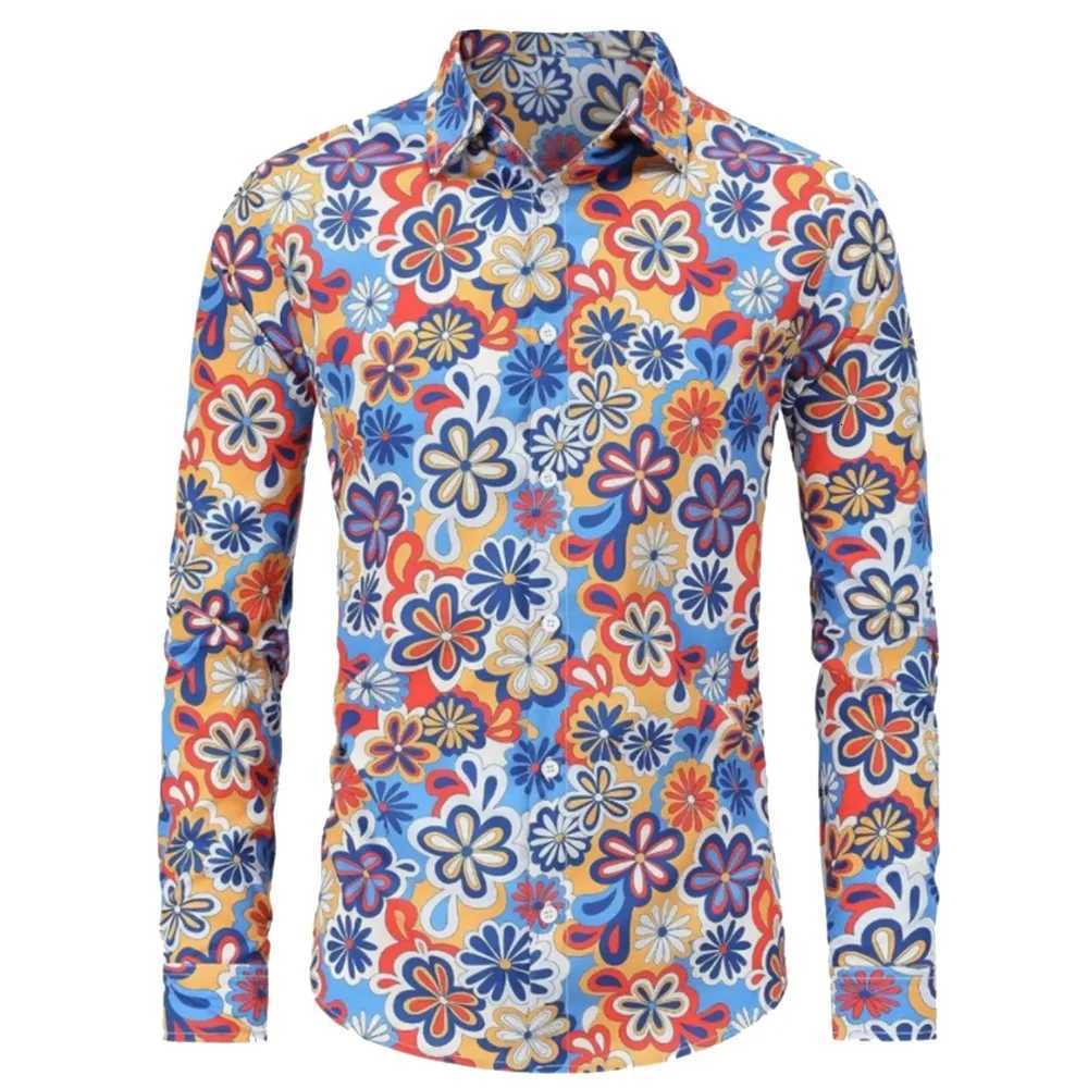 Mens Long Sleeves Shirts Hippie 70s Disco Hip Hop Button Flower Retro Long Sleeve Shirt New Mens Casual Blouse Unisex Tops W250808