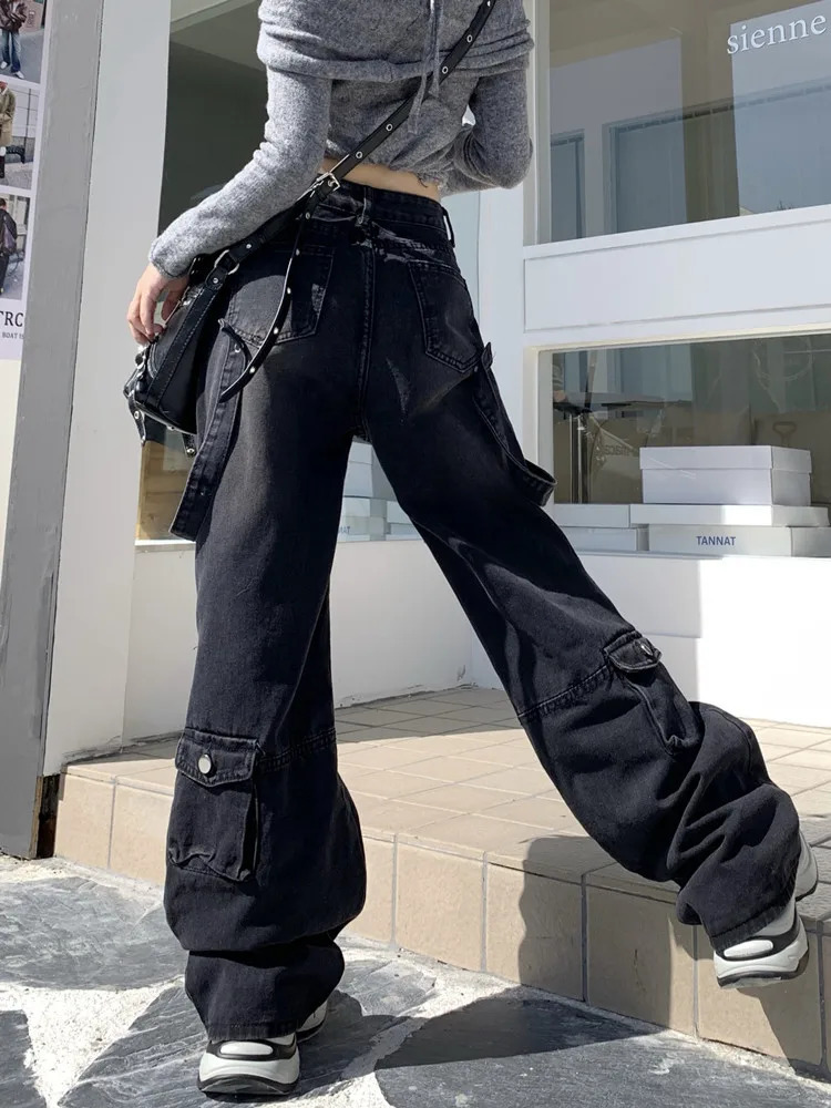 2000S Clothes Y2K Streetwear Washed Black Baggy Cargo Jeans Pants For Women Wide Leg Multi Pockets Straight Loose Lady Trousers 250804