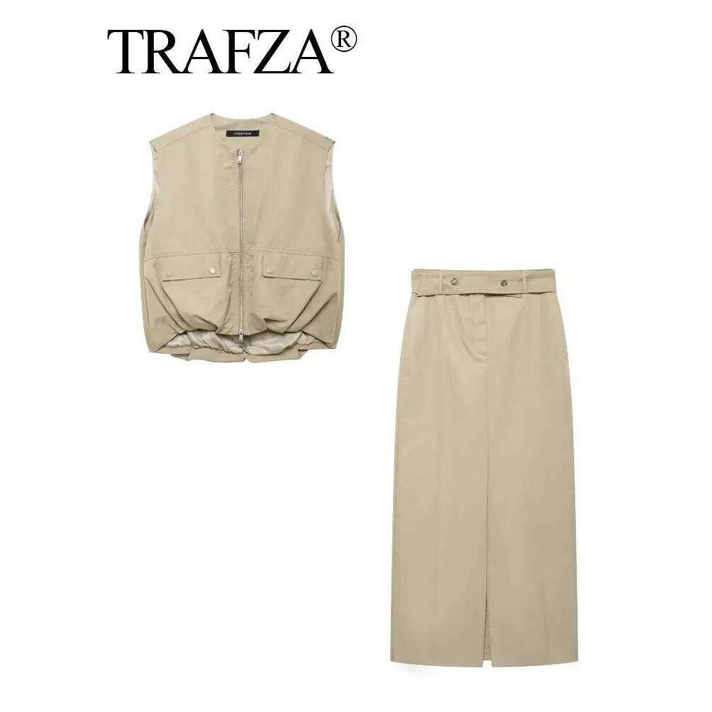 New Women Zipper Pocket Design O-Neck Sleeveless Waistcoat+Buttons Belt Decorate High Waist Long Skirt 2 Piece Set