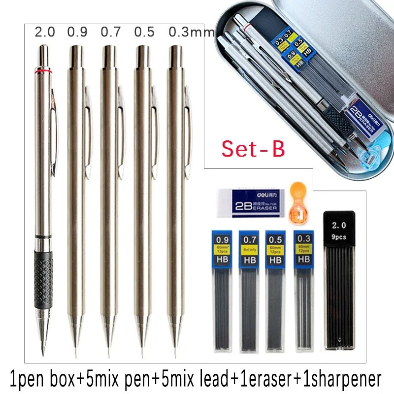 6pcs Metal Mechanical Pencil with Pen Box Lead Eraser Pencil Sharpener Set 0.3 0.5 0.7 0.9 1.3 2.0mm Art Sketch Automatic Pencil 250806