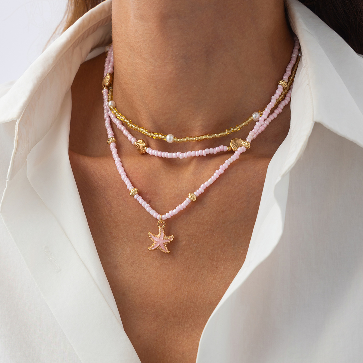 European American Beach Inspired Unique Oil Drip Small Starfish Pendant Necklace Bohemian Beaded Strand Jewelry for Women
