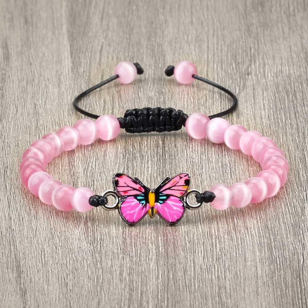 Charm Women Pink Butterfly Bracelet 6mm Natural Tiger Stone Black Lava Onyx Beads Bracelets Bangles Handmade Womens Wrist Jewelry Z250807