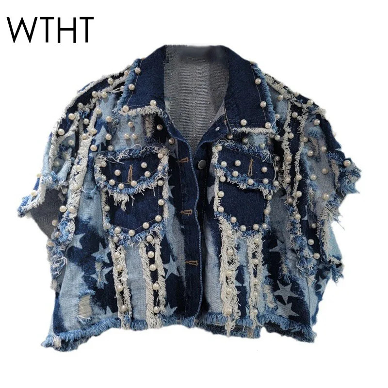 WTHT Trendy Womens Heavy Industy Pearls Irregular Burr Edge Denim Vest Fashion Summer Lapel Loose Waistcoat Female 1LS1554 250804