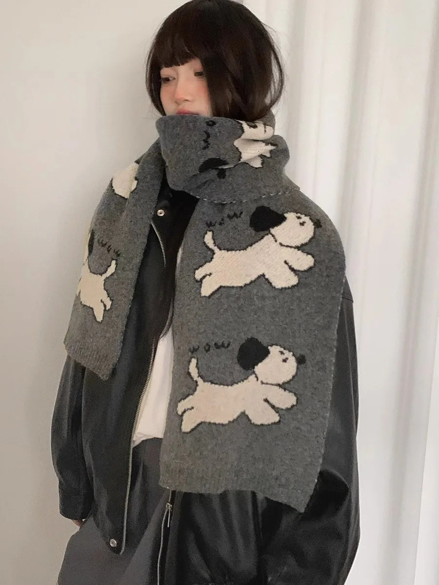 Cute Cartoon Small Dog Wool Blend Knit Scarf For Women Autumn And Winter Korean version Warm Neck Scarf Anti-Cold Gray 250807