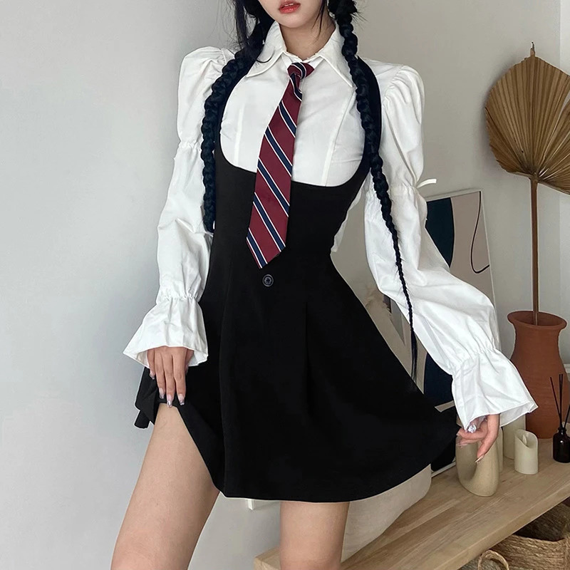 College Style Preppy American Spicy Girls JK Uniform Dress Suit Black Summer Slim Set White Shirt Bishop Sleeve 250729