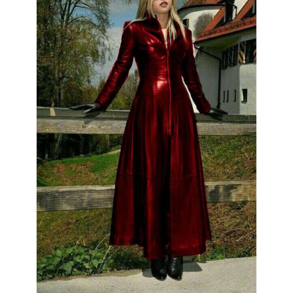 Women's Ultra Long Net Pu Small Stand Collar Leather fur Coat