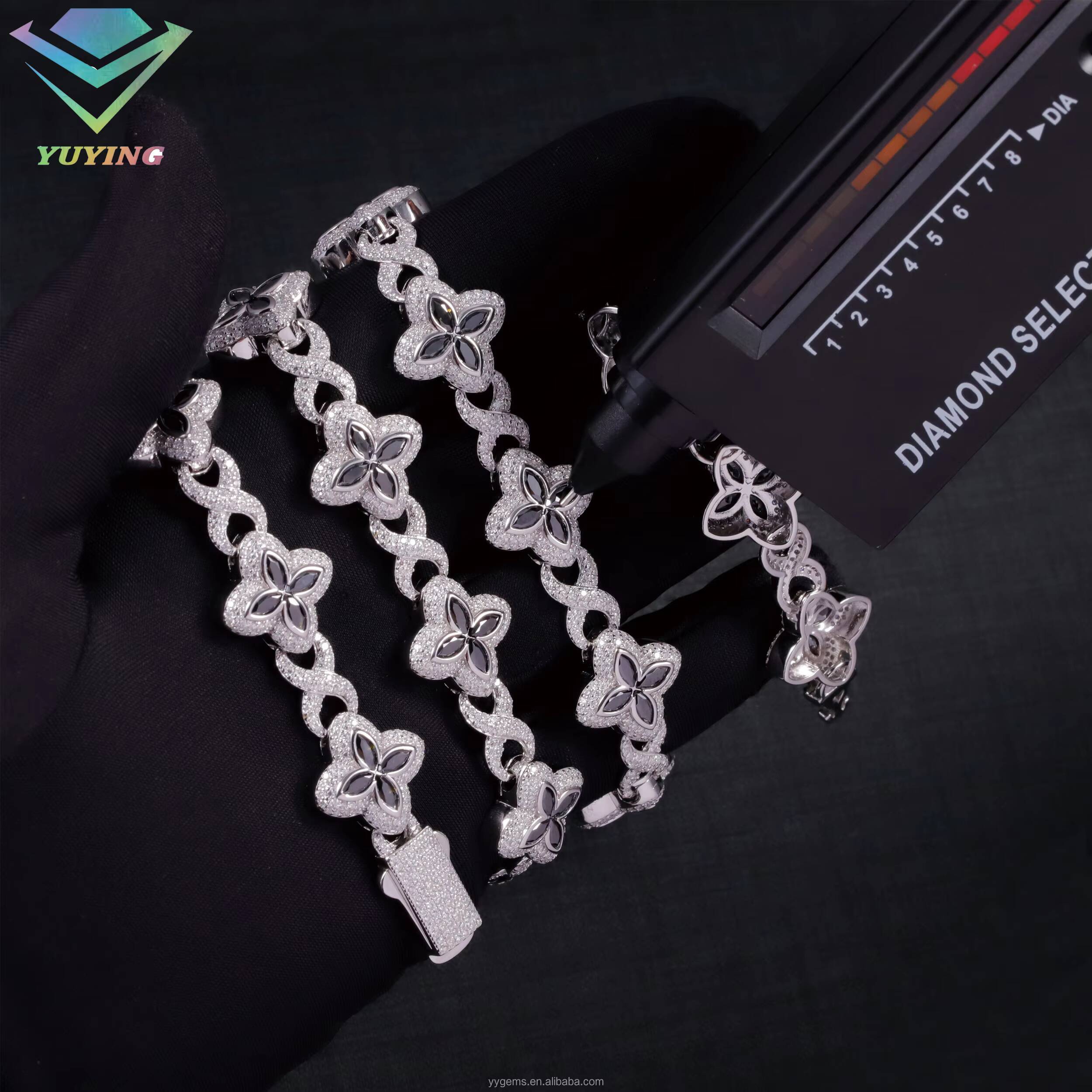 Yu Ying Black Diamond Marquise Moissanite 18K Gold Plated 925 Sterling Silver Four Leaf Clover Infinity Cuban Link Chain Jewelry