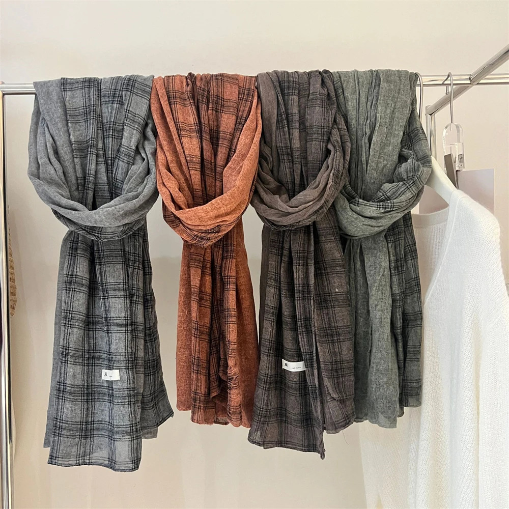High Quality Linen Plaid Scarf Vintage Unisex British Shawls Wraps Fashion Travel Holiday Beach Towel Summer Sunscreen Scarves 250807