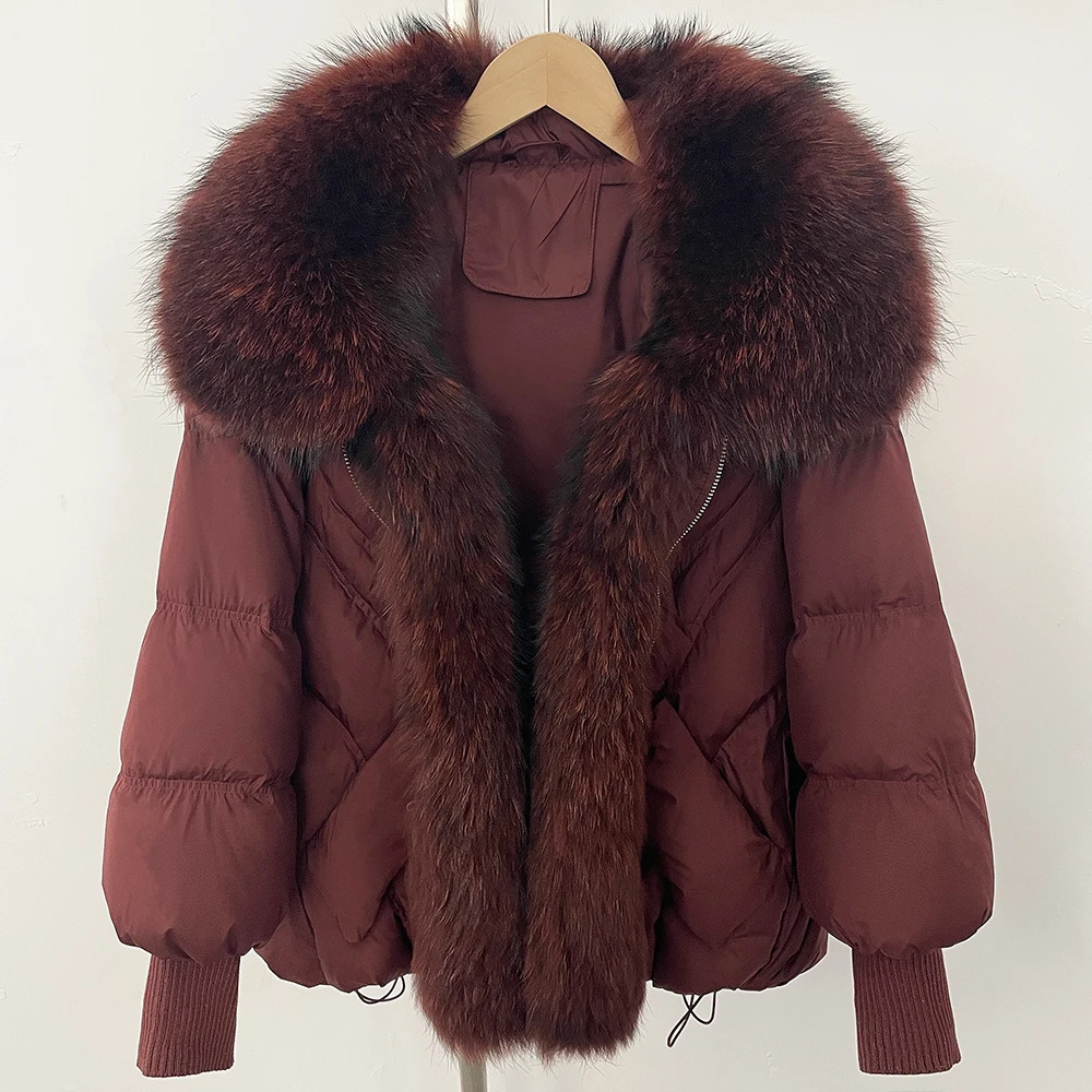 OFTBUY Winter Large Raccoon Fur Puffer Coat Women Knit Sleeve White Duck Down Jacket Oversized Feather Down Parka 250804
