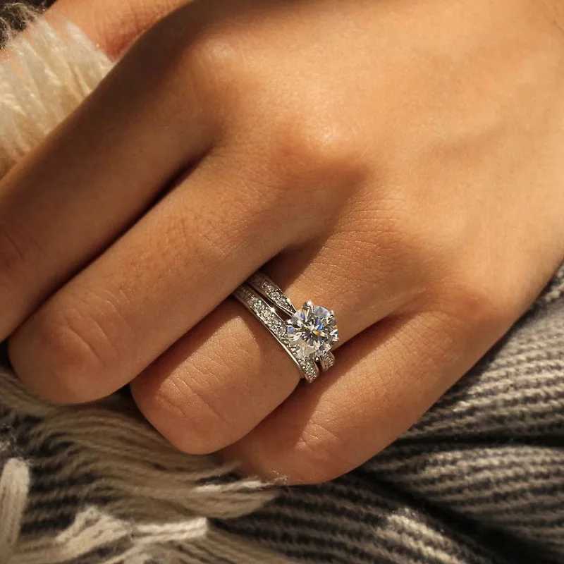 925 Sterling Silver Bright 6 Claws Cubic Zirconia Rings Set for Women Elegant Gorgeous 2Pcs/Set Wedding Band Jewelry Trendy Y250808