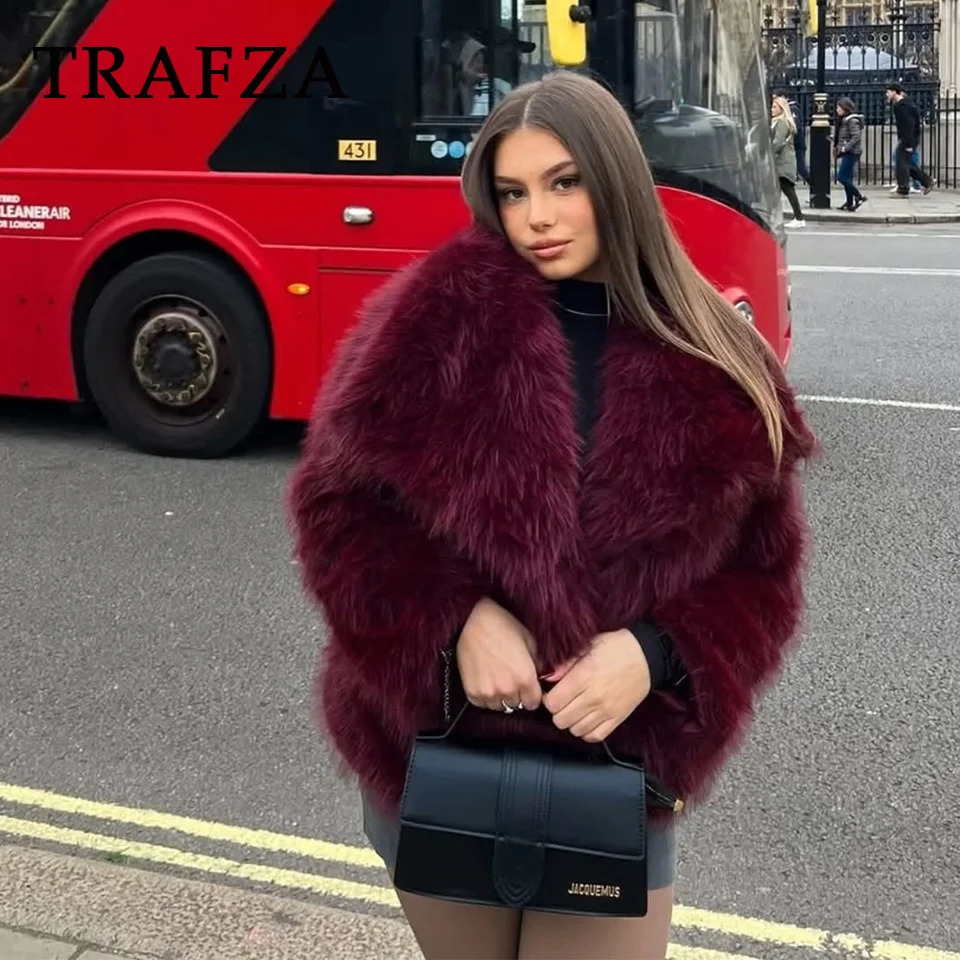 TRAFZA Autumn Winter Women Casual Faux Fur Jackets Fashion Streetwear Solid Oversized Turn Down Collar Elegant Thick Coats 250806
