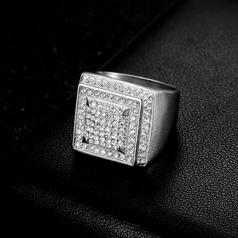 Stainless Steel Hip Hop Gold Plated Square Full Zircon Rings for Men Women Friends Couple Gift Fashion Jewelry 250717