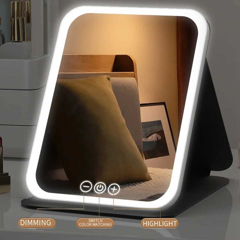 3 Colors Dimmable LED Makeup Mirror with Light Modes Adjustable Brightness USB Charging Foldable Mirror Tabletop Vanity Mirror for Travel and Home Z25