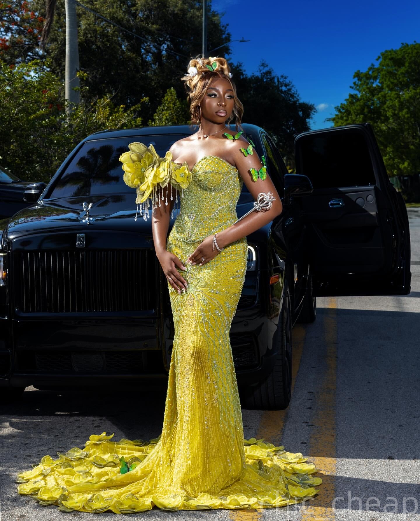 Mermaid Yellow Prom Dresses 2025 Flowers Crystals Sequined Luxurious Evening Formal Party Second Birthday Engagement Gowns Plus Size Dress For Special