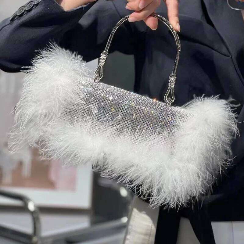 Ostrich Feathers Dias Evening Bags Rhinestone Women Handbag Faux Fur Shoulder Crossbody Bag Glitter Party Small Purse