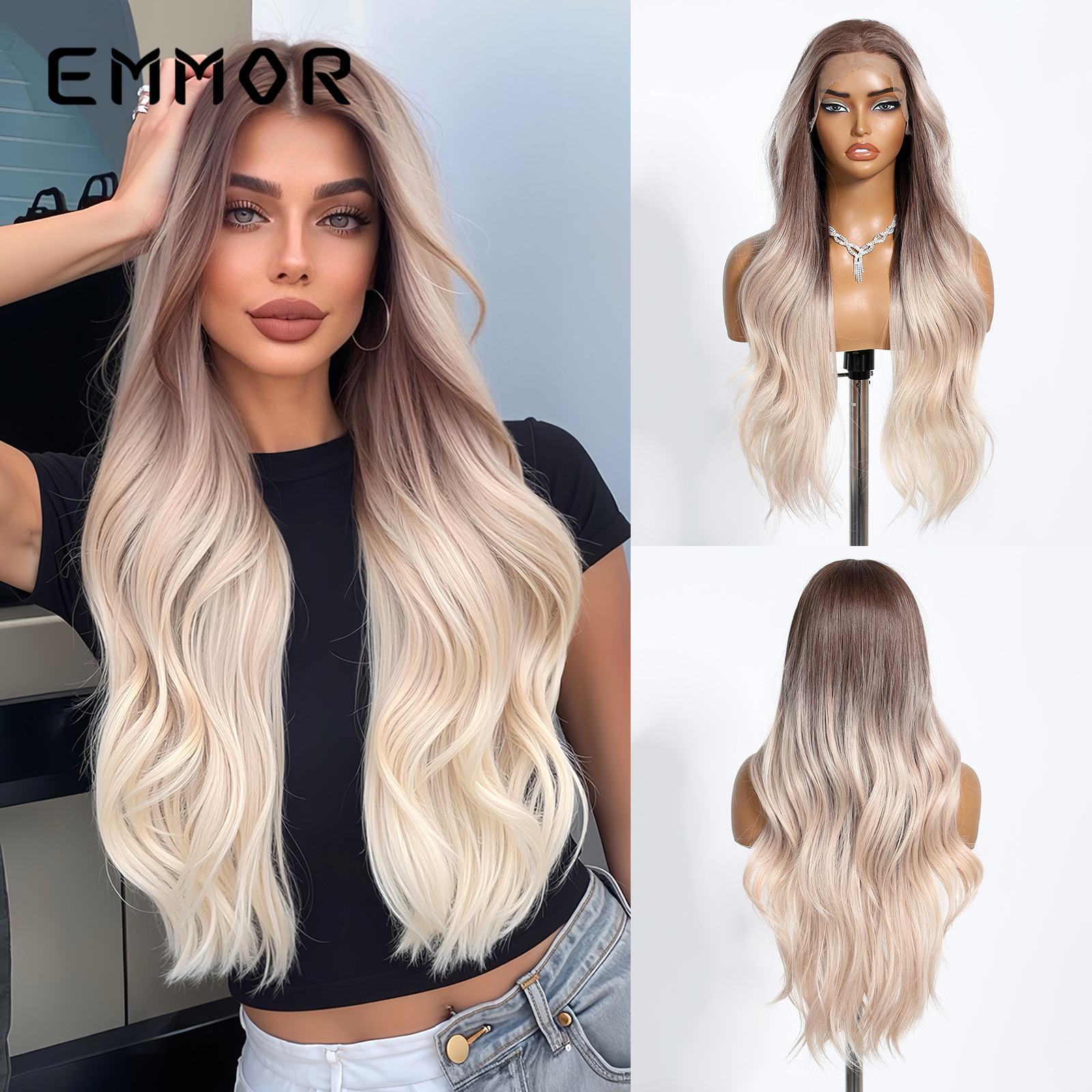 New 13X6 Large Area Silk Middle Part Black Big Wave Long Curly Lace Full Head Hairstyle