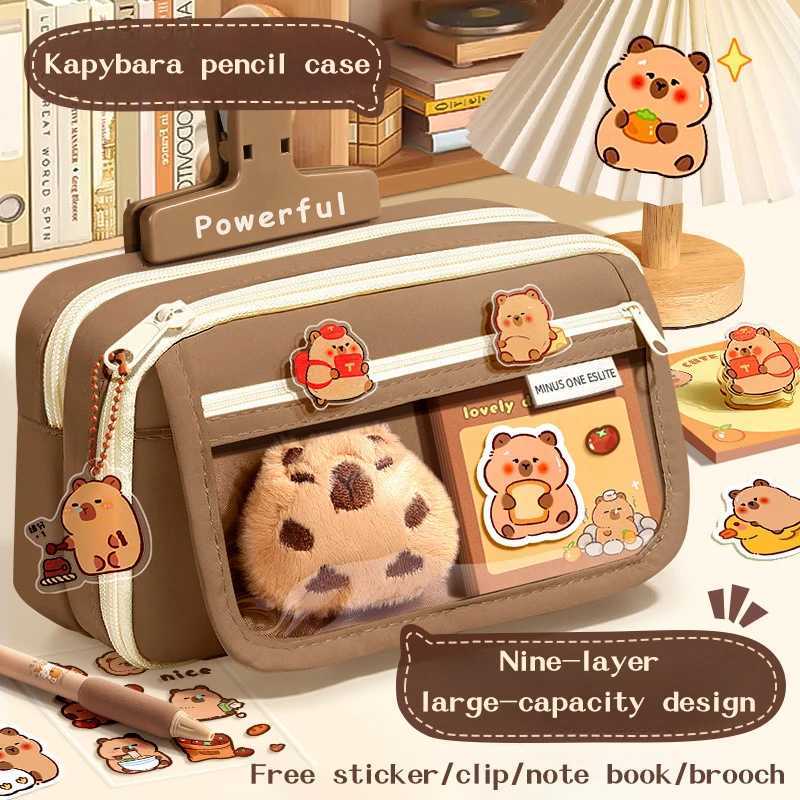 Capybara Pencil Bag, Fabric Stationery Holder And Pencil Case Organizer With Sticker And Brooch Attachment Points - School Supplies Storage For Studen - view 3