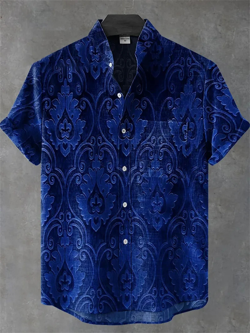 Mens Shirt 3D Printed Linen Casual Short Sleeved Top Fashionable Lapel Button Up Tshirt 250731