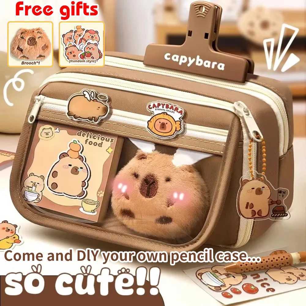 Capybara Pencil Bag, Fabric Stationery Holder And Pencil Case Organizer With Sticker And Brooch Attachment Points - School Supplies Storage For Studen
