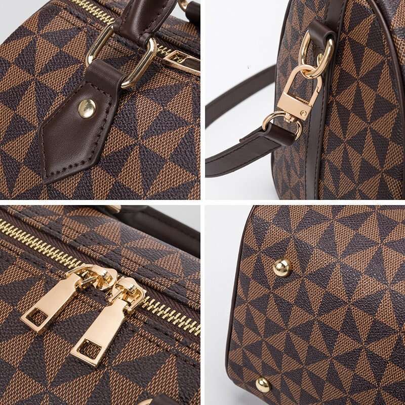 Lacel Urwebin Geometric Pattern Dome Satchel Bag - Brown/Black Triangular Print, Gold-Tone Hardware, Detachable Shoulder Strap