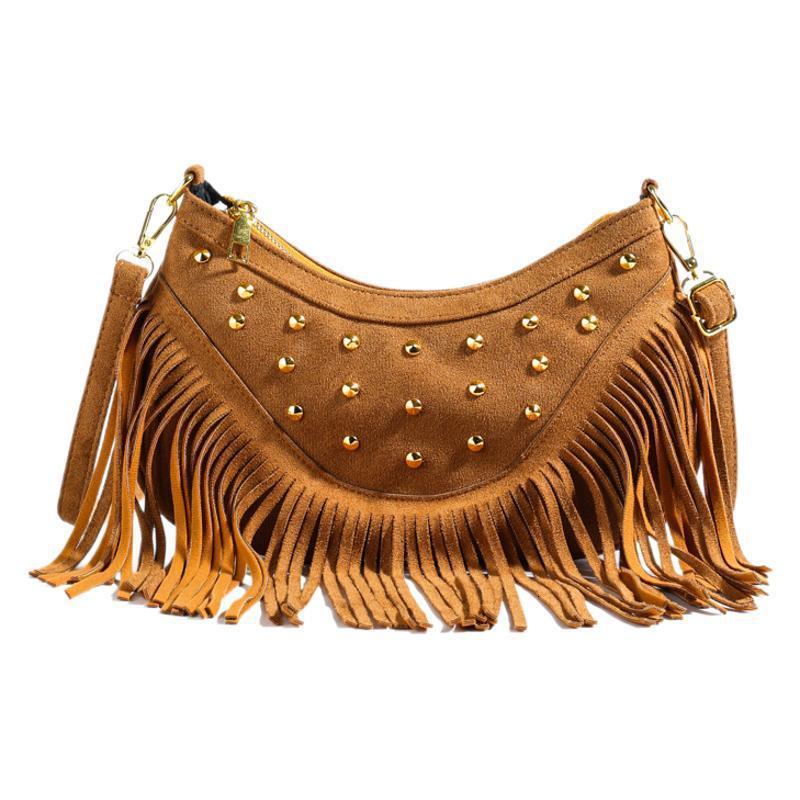 Casual Versatile Tassel Large Capacity Rivet Trendy Grassland Mongolian Denim Single Shoulder Crossbody Womens Bag240820