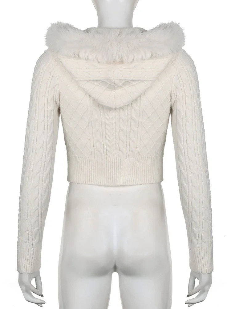 IAMSURE Sweet Furry Trim Hooded Knitted Cropped Cardigans Slim Zipper Long Sleeve Sweaters Women Autumn Winter Fashion Lady 250804