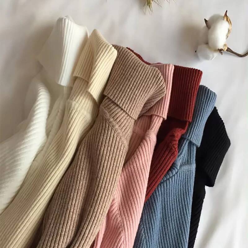 2024 Autumn Winter Thick Women Knitted Ribbed Pullover Sweater Long Sleeve Turtleneck Slim Jumper Soft Warm Pull Femme dongdumaoyi