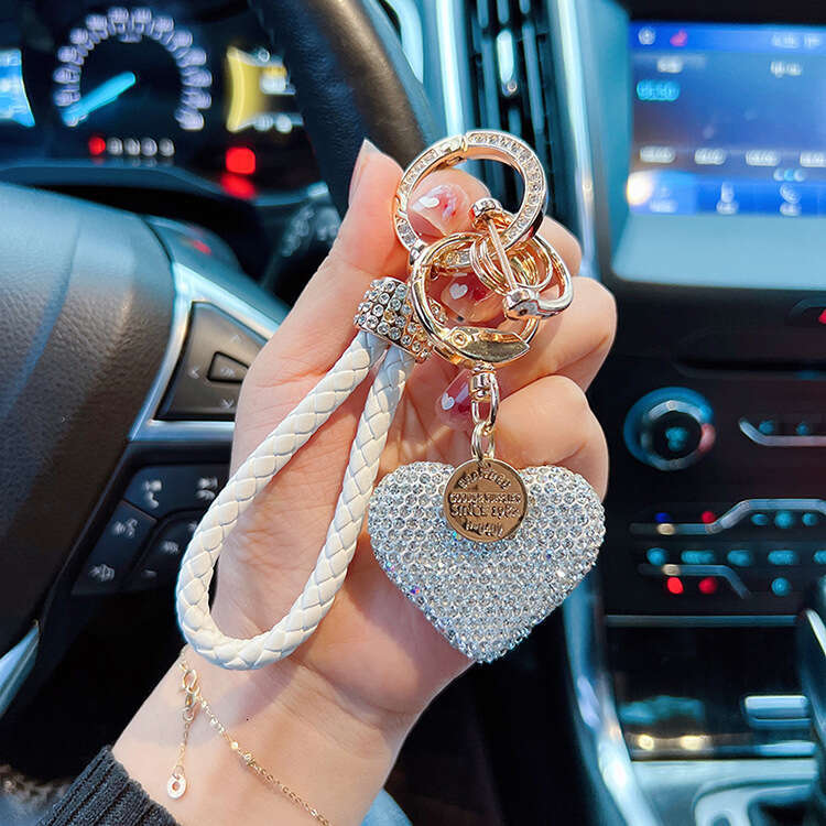 Clay Full Drill Heart with Diamond Inlaid Leather Strap Heart-Shaped Car Keychain for Women Exquisite Pendant