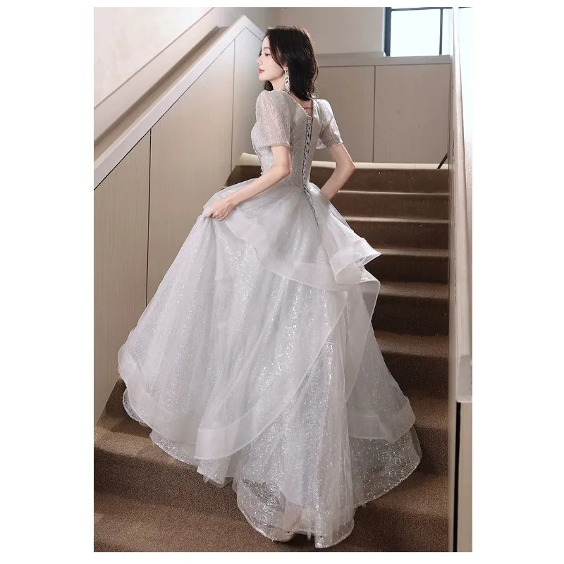 2025 Womens Summer Banquet Grey Mesh Evening Dress Fashion Square Leader Years Presidents Slim Performance Dress 250728