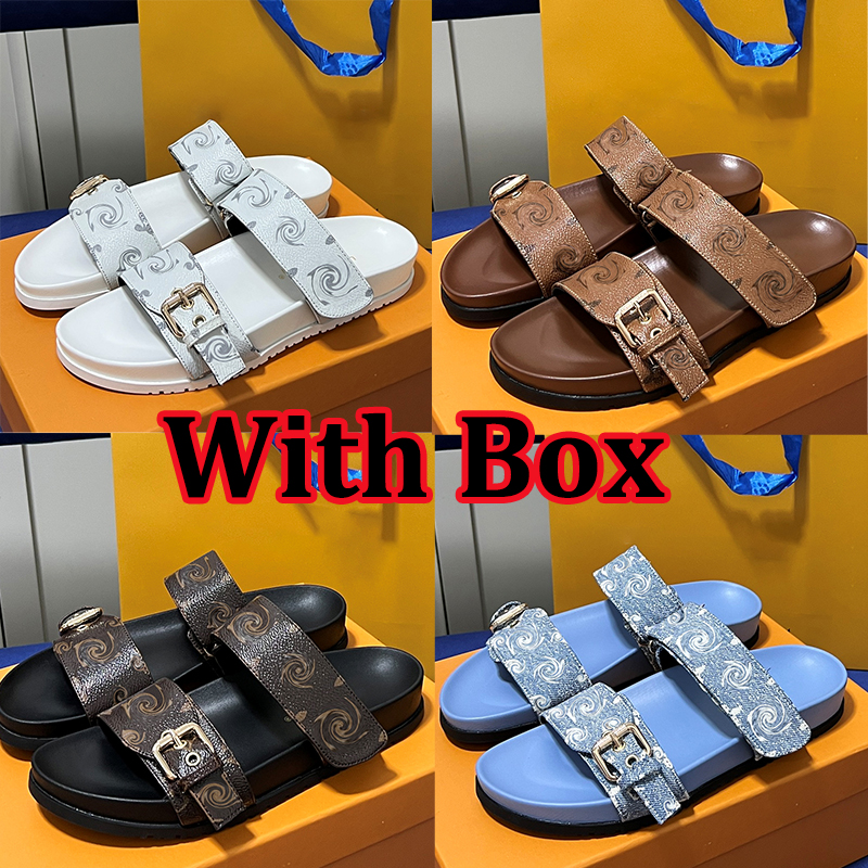 with box designer slippers women men luxury sandals summer outdoor beach casual sandal black brown blue