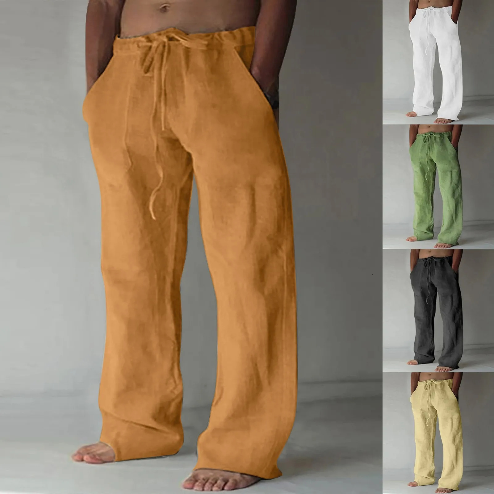 Summer Trousers MenS Solid Color Cotton And Linen Loose Beach Casual Trousers Drawstring Pocket Street Straight Pants 250805