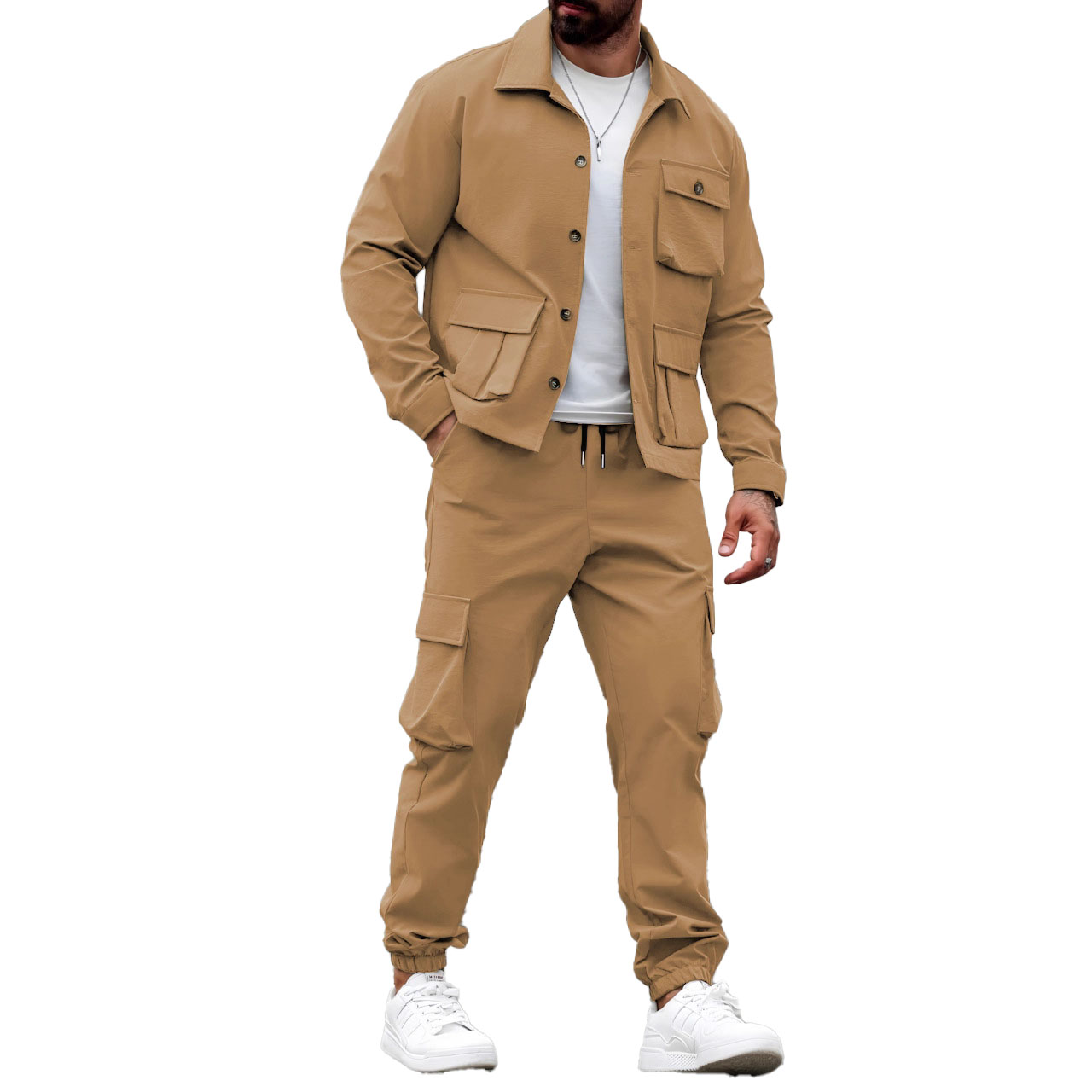 Fashion Solid Color Street Wear Trendy Slim Short Sleeve Lapel Shirt Pants Outfits Men Casual 2 Piece Sets black gray khaki