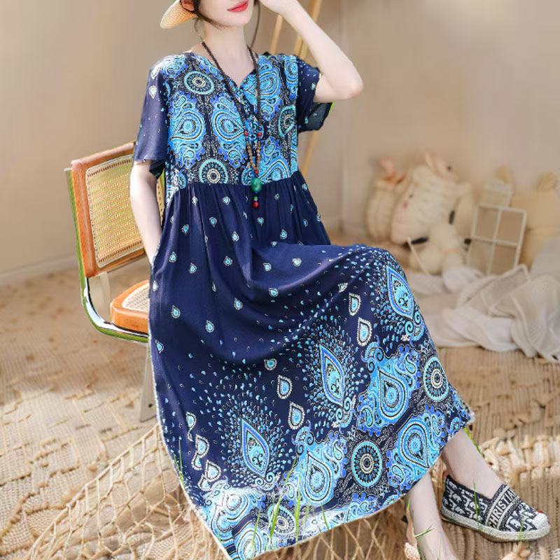 plus size women's new long sleeve high waist printed banquet dress mid-length skirt D02469