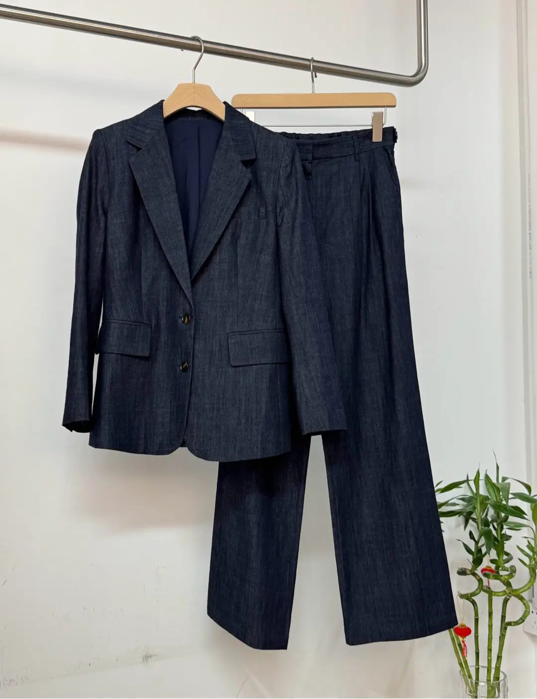Womens Blue Cotton Denim Blazer Suit Striped Long-sleeved Jacket High Waist Straight-leg Pants 2-Piece Set 250728