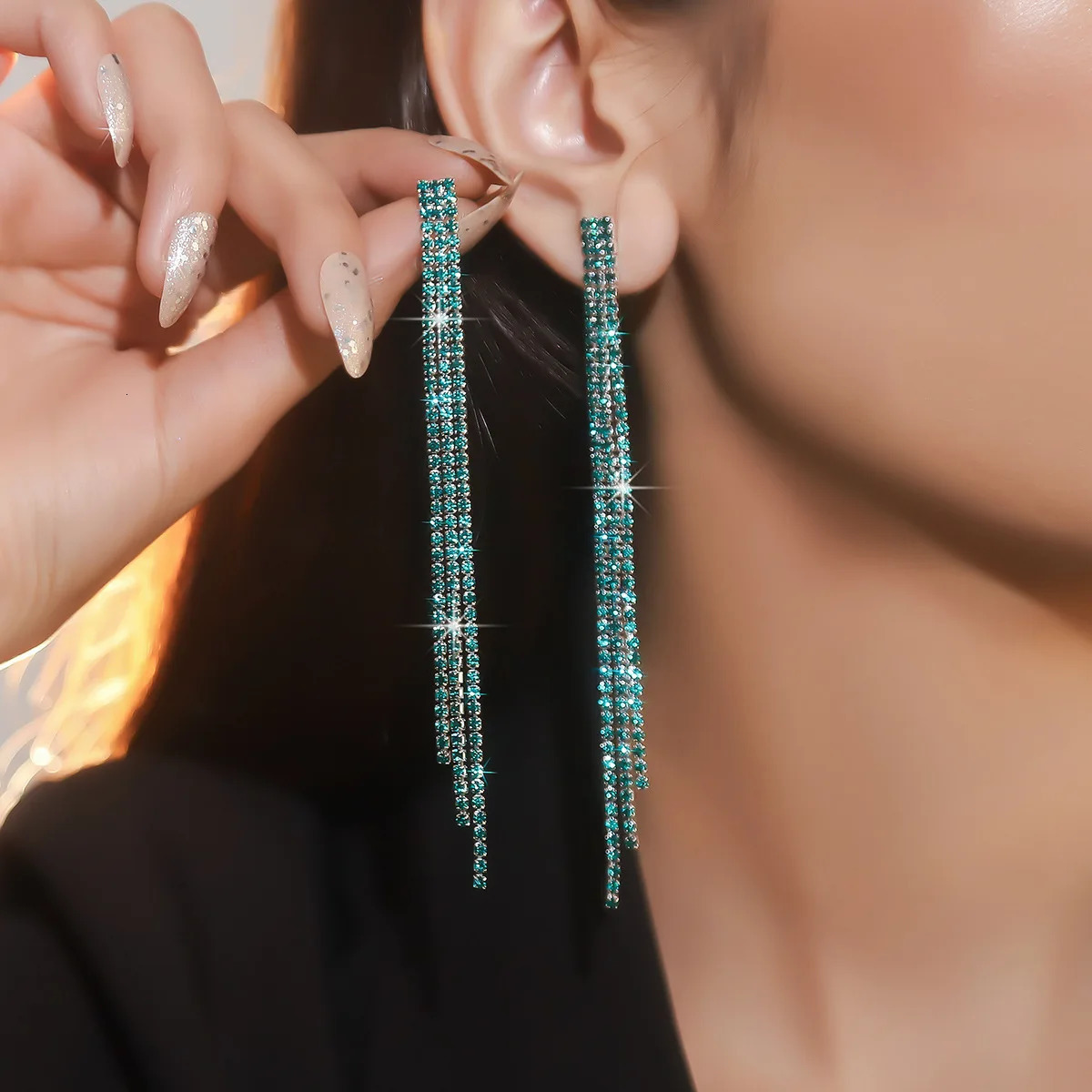 FYUAN Long Tassel Rhinestone Drop Earrings for Women Green Blue Gold Silver Color Crystal Dangle Earring Party Wedding Jewelry 250807