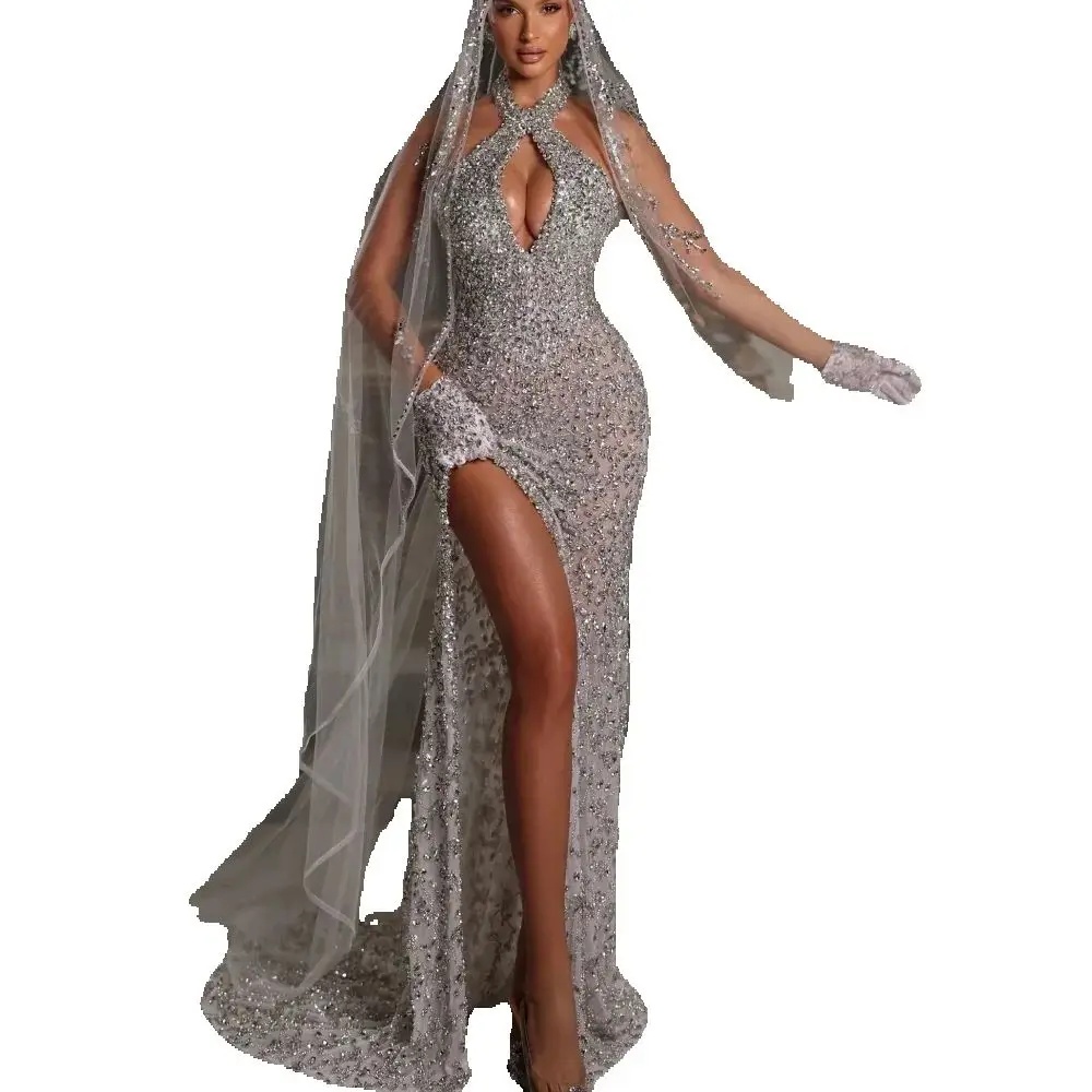 Luxury High Neck Crystal Mermaid Evening Gown Elegant Sleeveless Beaded Lace Prom Dress Side Split Party Gown Customized