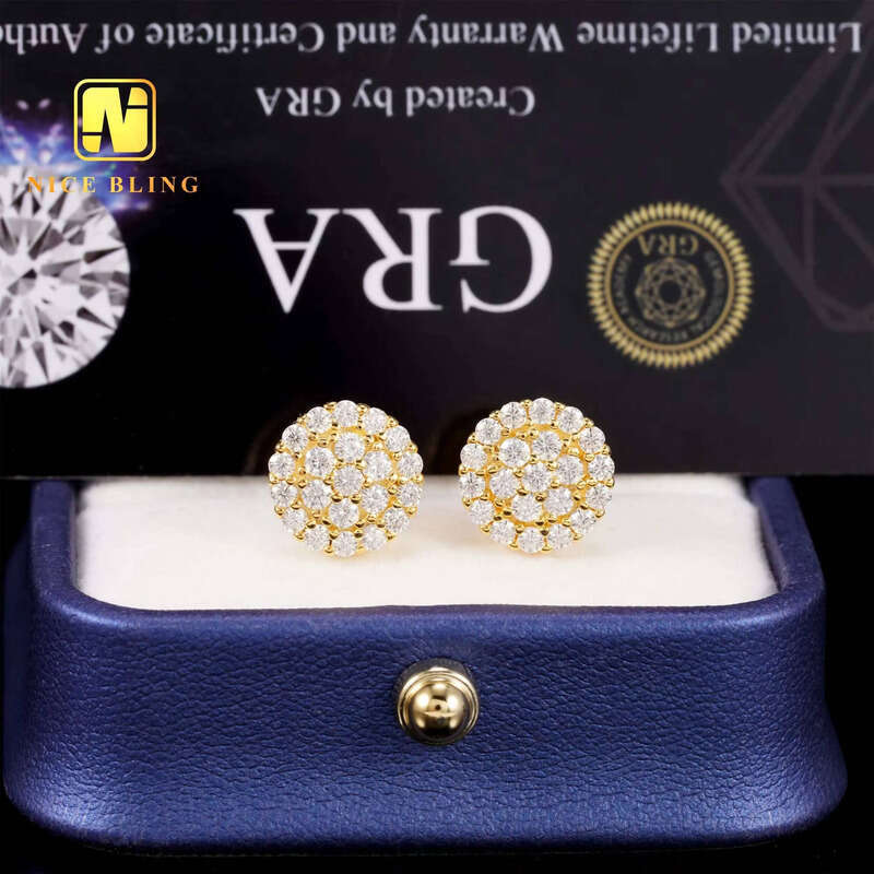 10MM Hip Hop Earrings Iced Out Jewelry Unisex Moissanite Dia Cluster Ear Studs for Men Women Sier