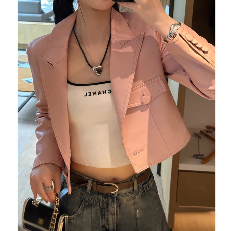 Short Genuine Leather Blazer Jackets for Women Fashion Pink Lapel Single Button Female Long Sleeve Sheepskin Jackets 250804