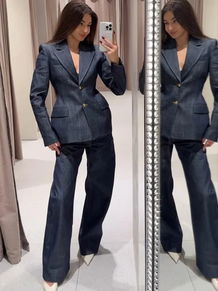 TRAFZA 2025 Women Denim Blazer Pants Set Long Sleeves Waist-collecting Suit Commute Woman Wide Leg Jeans Street Trendy 250728