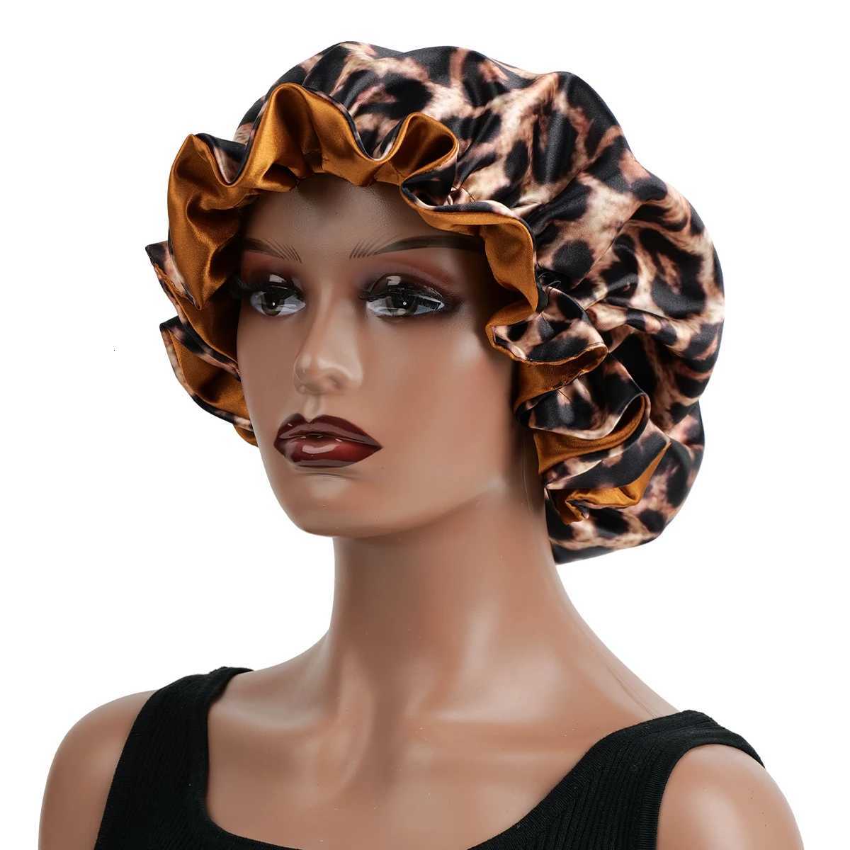1PC Leopard Print Satin Silk Bonnet Double Layer Sleep Cap Comfortable Casual Hair Care Hat for Daily Use Z250808