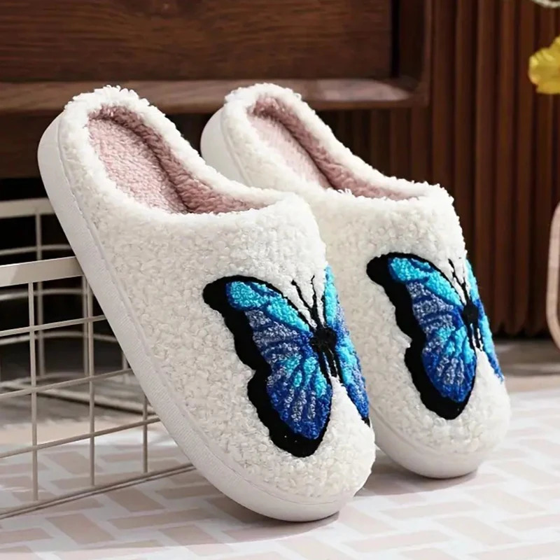 Lucyever Butterfly Embroidery Plush Woman Slippers Non Slip Soft Home Slides Shoes Women Winter Comfy Warm Cotton Shoes Female 250730