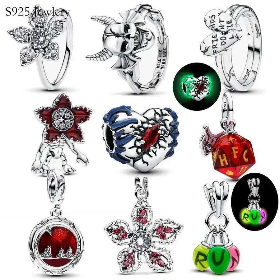 2025 NEW Stranger Things Series Glow-In-The-Dark Heart Charm Hellfire Club Ring Fit S925 Snake Charm Bracelets Pendant Jewelry