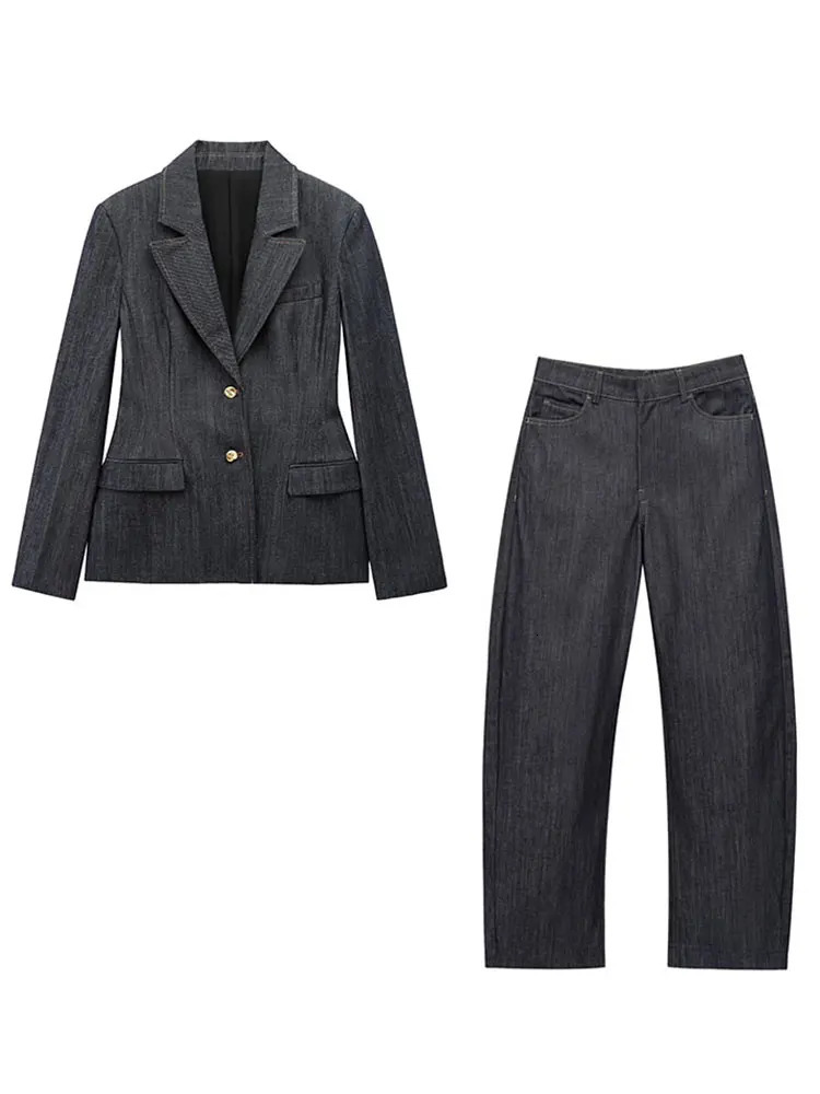 TRAFZA 2025 Spring Women Fashion Denim Blazer Trouser Set Turn-down Collar Coat High Street Zipper Fly Female Wide Leg Jeans 250728
